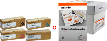 ORIGINALE Ricoh Value Pack nero / ciano / magenta / giallo SP C360HE MCVP + Prindo Universal Papier 2500 fogli 22000 pagine