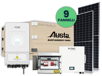 V-TAC Italia KIT Fotovoltaico Monofase 3.6kW con Inverter Ibrido, 9 Moduli AUSTA 410W (3.69kW) Silver Frame con Accumulo LFP 5kWh e Quadro Combinato 1-1 AC-DC 3kW
