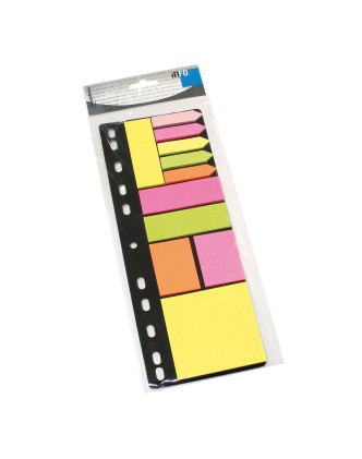 Set di foglietti adesivi e segnalibri di pagina di diverse dimensioni: colori verde, rosa, giallo e arancione