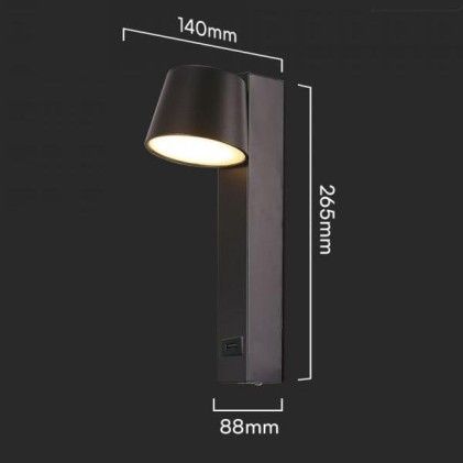V-TAC Applique LED da Muro 8W dal Design Cilindrico con Porta USB e Angolo del Fascio Luminoso Regolabile 180° in Metallo Colore Nero 3000K