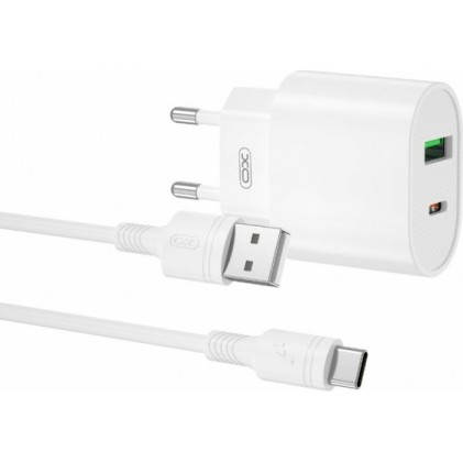 XO L81ATC Caricabatterie Tipo C e USB QC 3.0 20W + Cavo Tipo C - Ricarica Rapida - Uscita con Protezione Smart - Colore Bianco