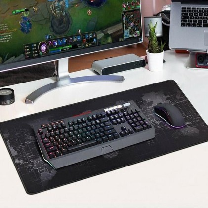 Tappetino per mouse e tastiere con mappa del mondo 88x30, mousepad, grigio e nero
