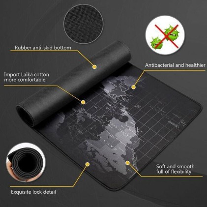 Tappetino per mouse e tastiere con mappa del mondo 88x30, mousepad, grigio e nero