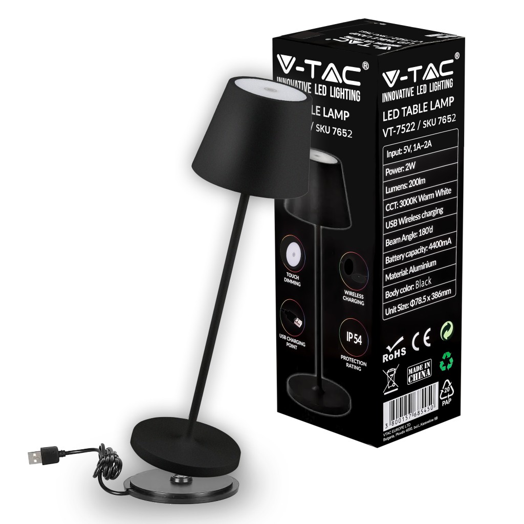 V-TAC Lampada LED da Tavolo 2W Colore Nero in Alluminio con