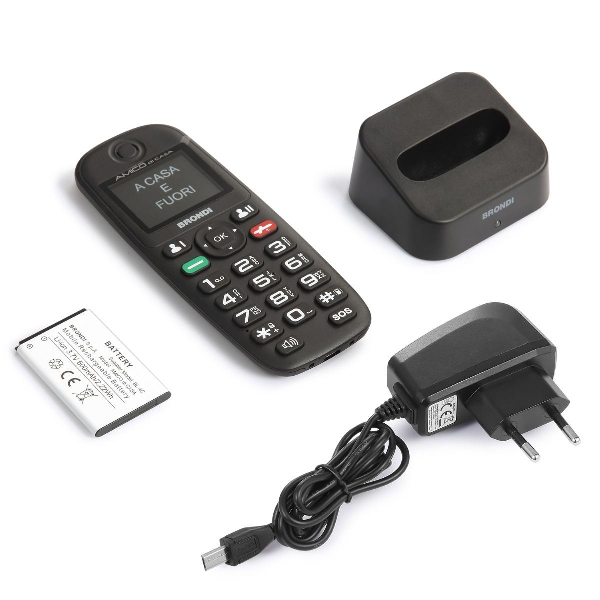 Brondi Amico Di Casa – Telefono Cellulare Semplificato Con Tasti Grandi, SOS, Basetta Di Ricarica E Controllo Remoto