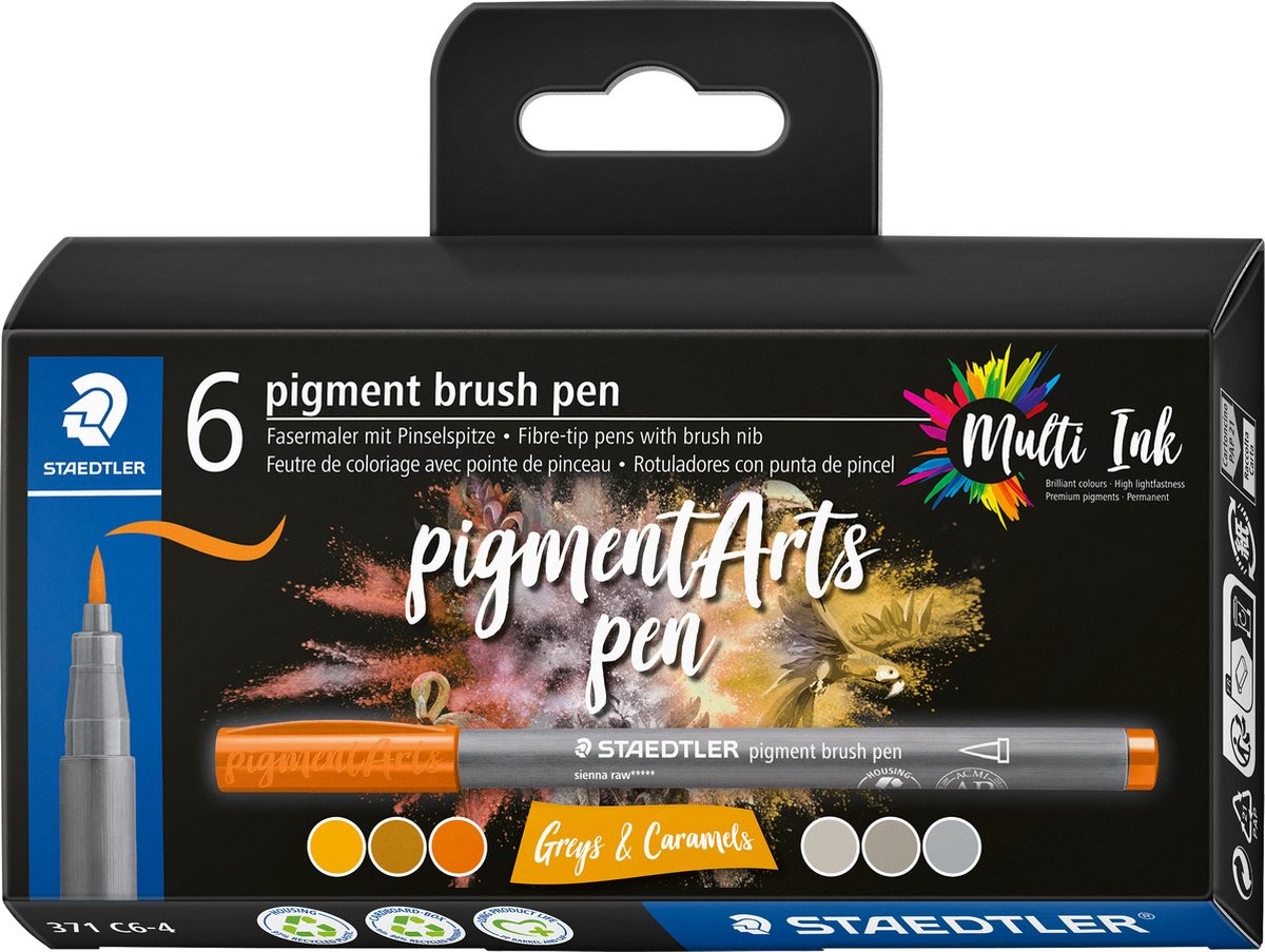 Staedtler 371 Confezione da 6 Pennarelli con Punta Morbida - Colori Vividi e Brillanti - Non Ingiallisce nel Tempo - Nuovo Inchiostro Multi Inchiostro - Pigmenti Premium - Colori Assortiti Grigio/Caramello