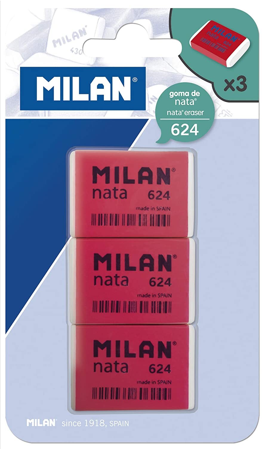 Milan Nata 624 Confezione da 3 Gomme Rettangolari - Plastica - Morbida - Non Abrasiva - Colore Rosso/Bianco