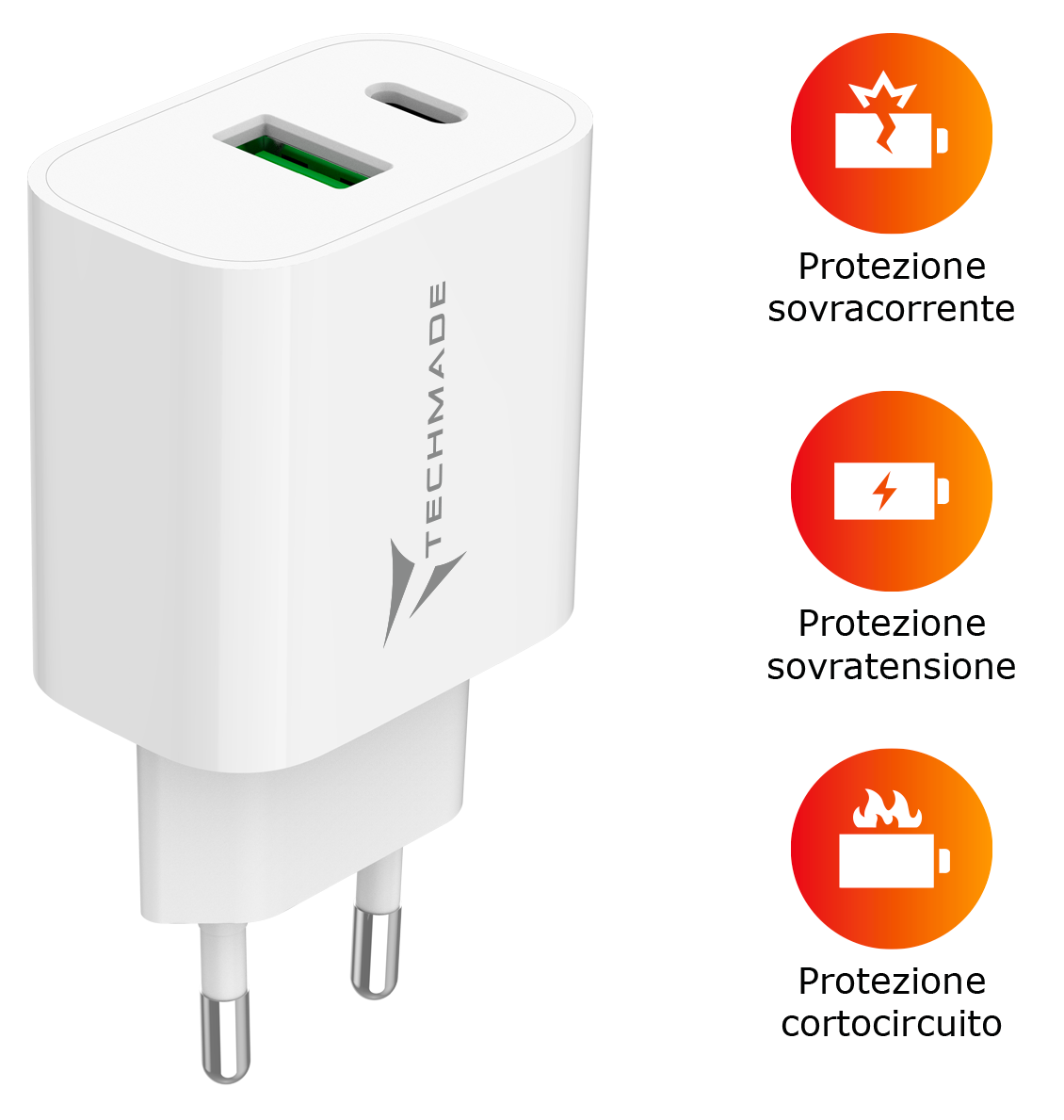 Carica Batteria Rapido 1P Usb-C/1P Usb-A 20W Bianco Techmade