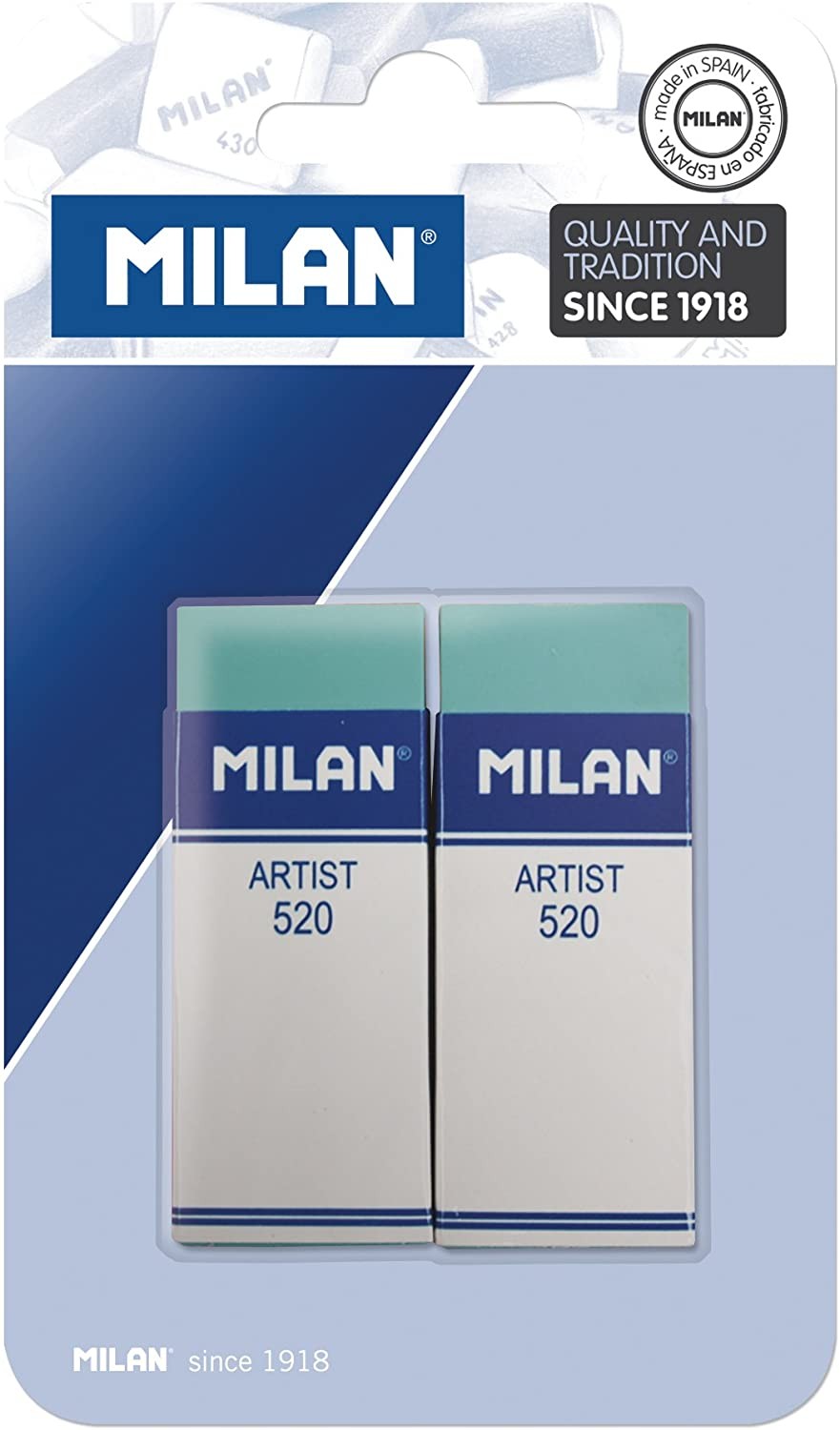 Milan Nata 520 Artist Confezione da 2 Gomme Rettangolari - Plastica - Striscia di Cartone Bianca - Non Danneggia la Carta - Colore Verde