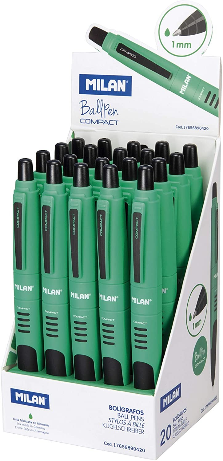 Espositore compatto Milan da 20 penne a sfera retrattili - Punta tonda da 1 mm - Corpo verde/nero - Colore verde