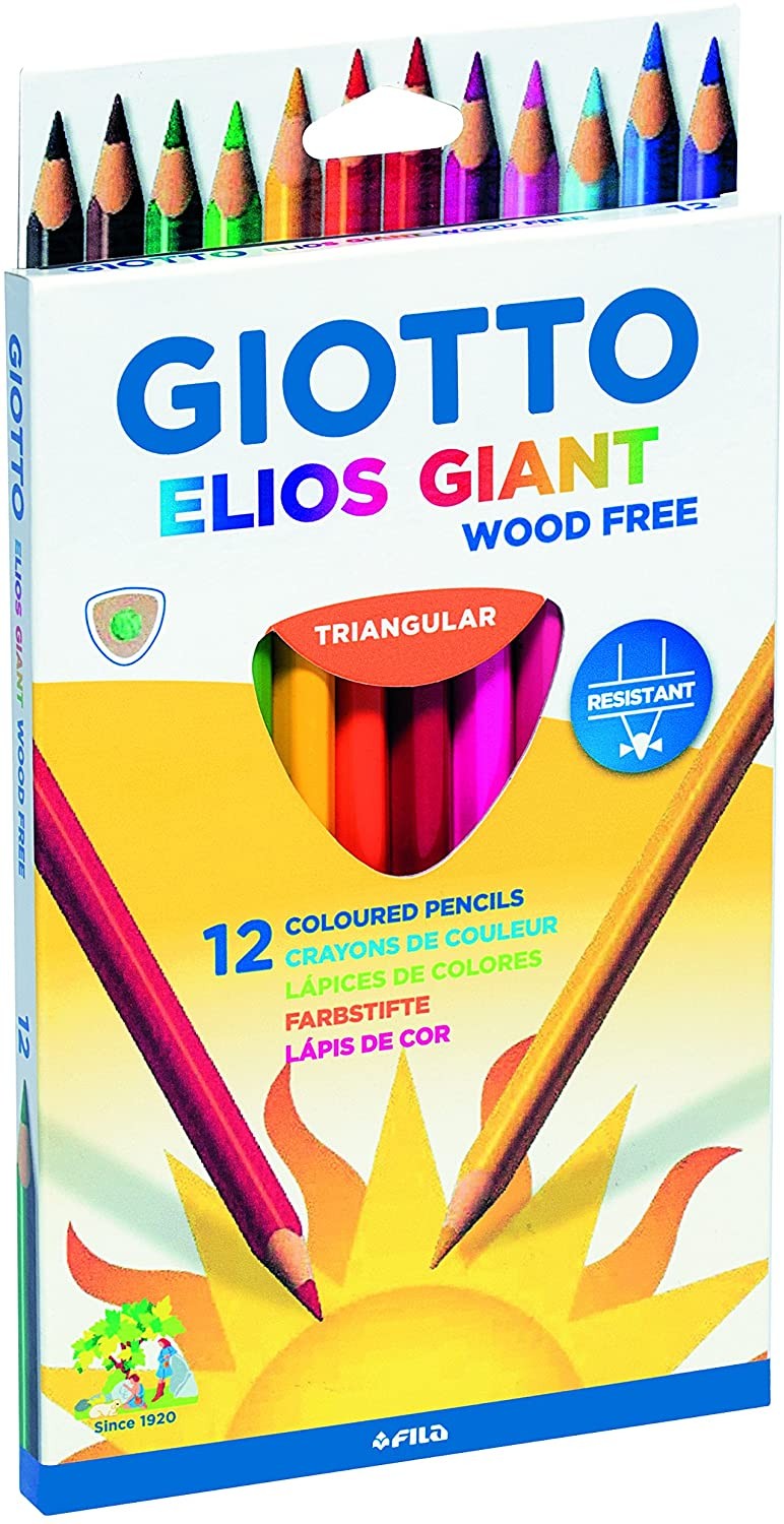 Giotto Elios Giant Wood Free Confezione da 12 Matite Colorate Triangolari - Senza Legno - Mina 5 mm - Colori Assortiti