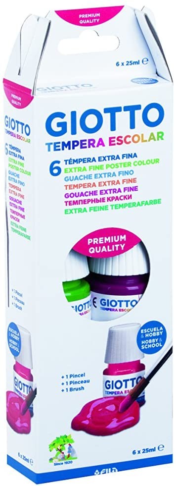 Giotto Tempere Confezione da 6 vasetti da 25 ml. + Pennello - A base acqua - Coprenza eccellente - Colori assortiti