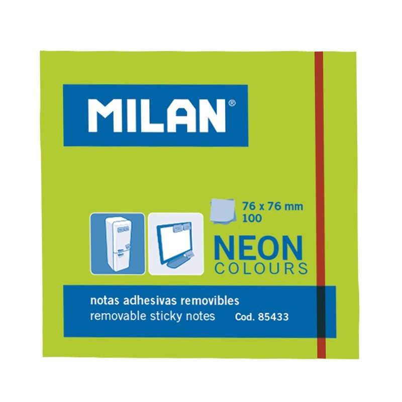 Blocco Milan da 100 foglietti adesivi - Rimovibili - 76 mm x 76 mm - Colore verde neon