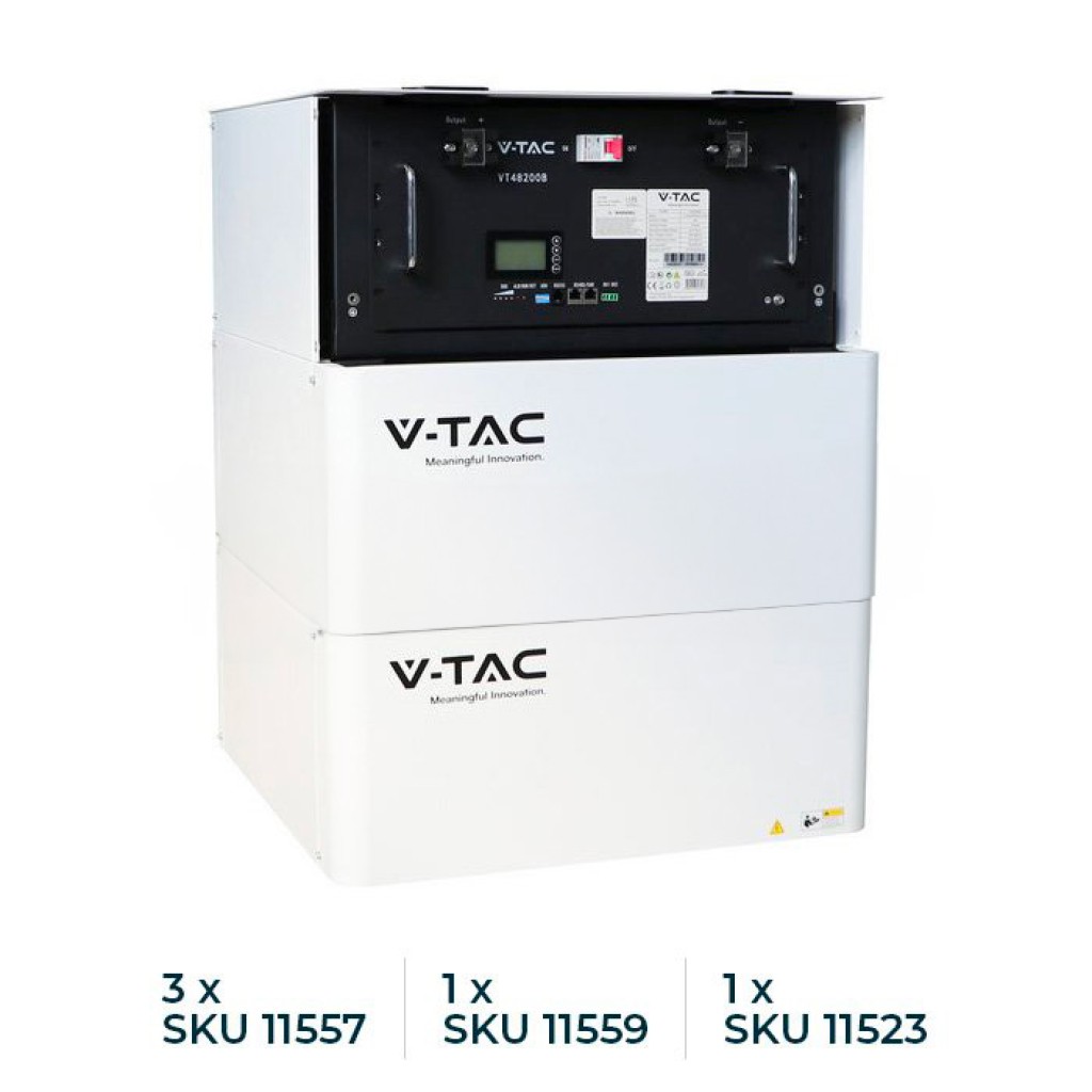 V-TAC Italia Kit Batteria di Accumulo 9.6kWh LiFePO4 BMS Integrato per Inverter Fotovoltaici CEI 0-21 48V 200Ah con Modulo Armadio Rack e Copertura