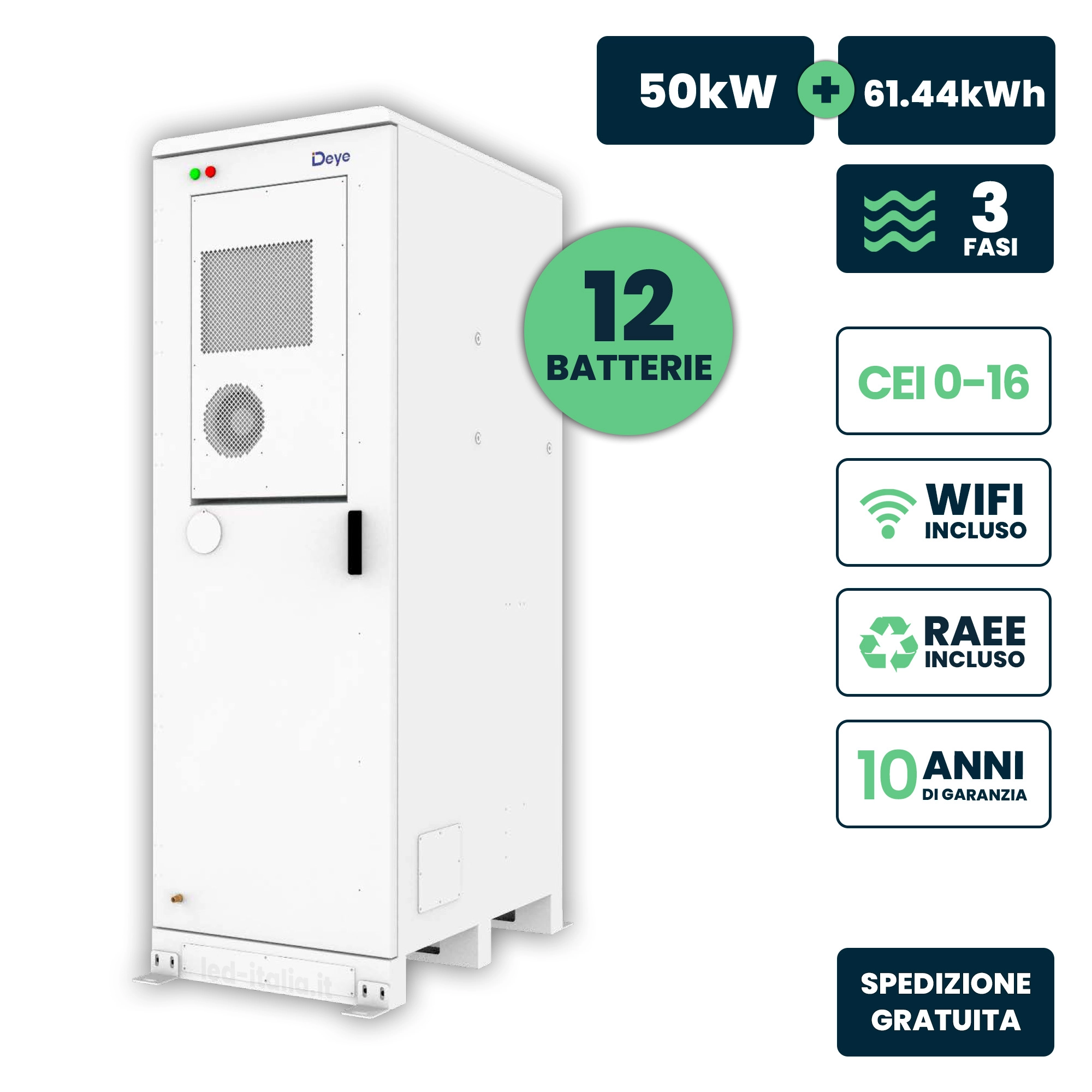Kit Rack Batterie Di Accumulo Deye Con Armadio 12X5Kwh Lfp In Serie Bms Alta Tensione Integrato Batterie / Hv Box / Cavi / Struttura Cei 0-16 Cei 0-21 51.2V 100Ah 61.44Kwh Ip55