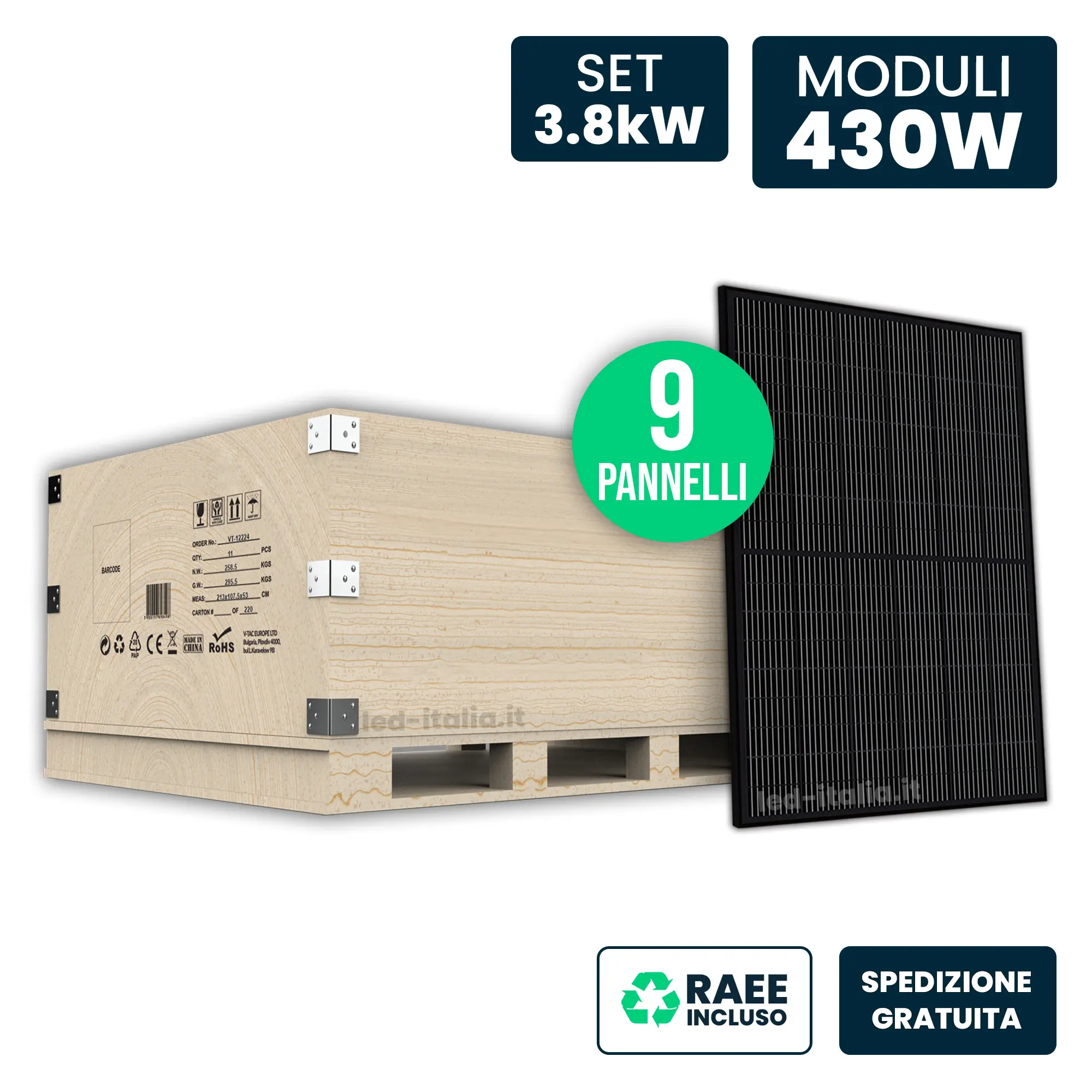 Set 3.8Kw Con 9 Pannelli Solari 430W N-Type Topcon Full Black 1722X1134X30Mm