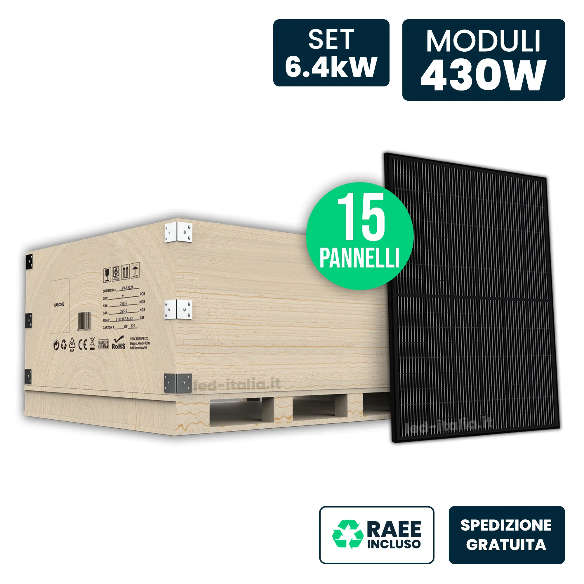 Set 6.4Kw Con 15 Pannelli Solari 430W N-Type Topcon Full Black 1722X1134X30Mm