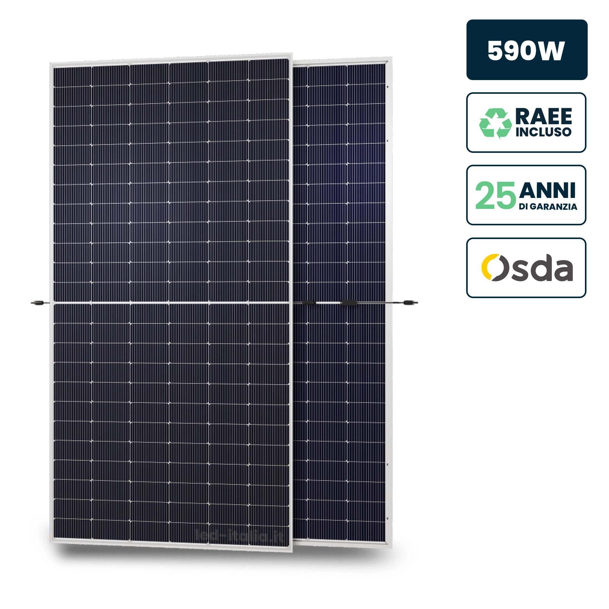 Pannello Solare Fotovoltaico Bifacciale Modulo 590W Osda Solar Tier-1 Monocristallino N-Type Topcon Silver Frame Ip67/Ip68 2278X1134X30Mm