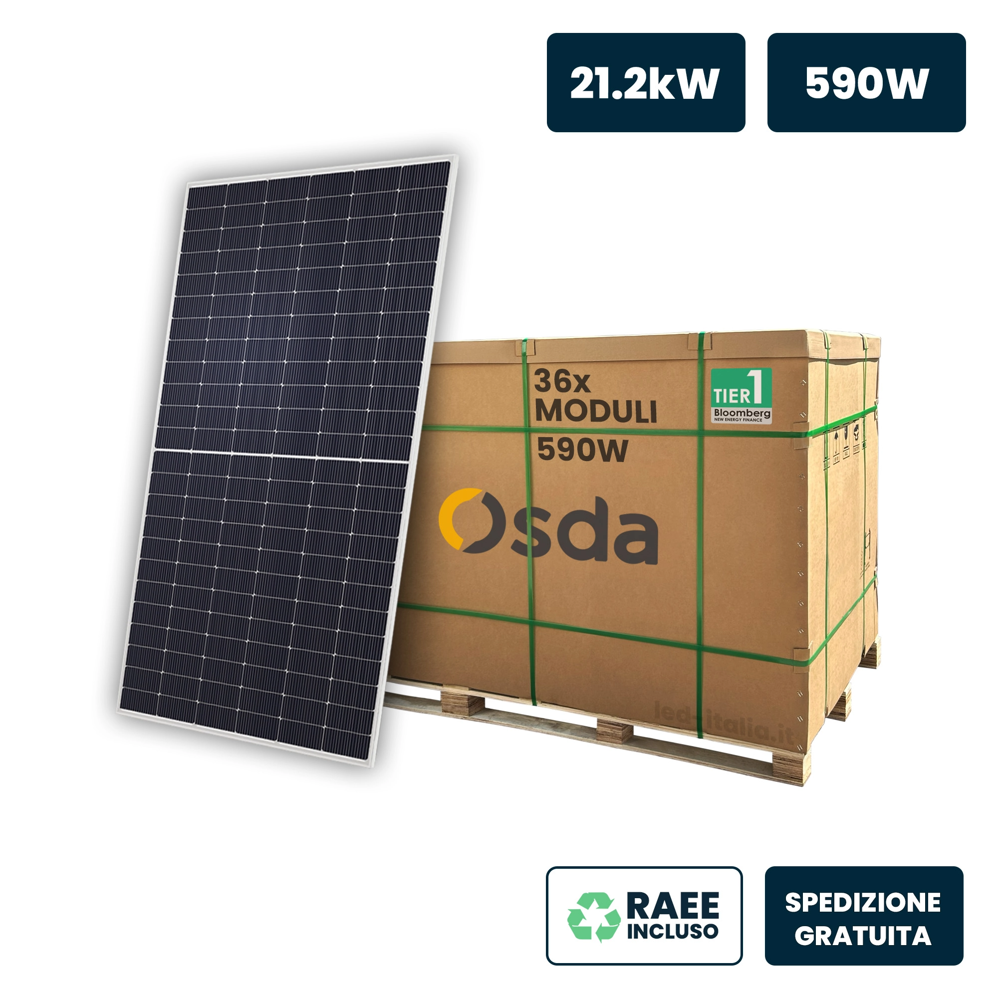 590W Mono Solar Panel 36Pcs Pallet 2278*1134*35Mm - 1500V (90Cm Cable + Mc4 Connector)