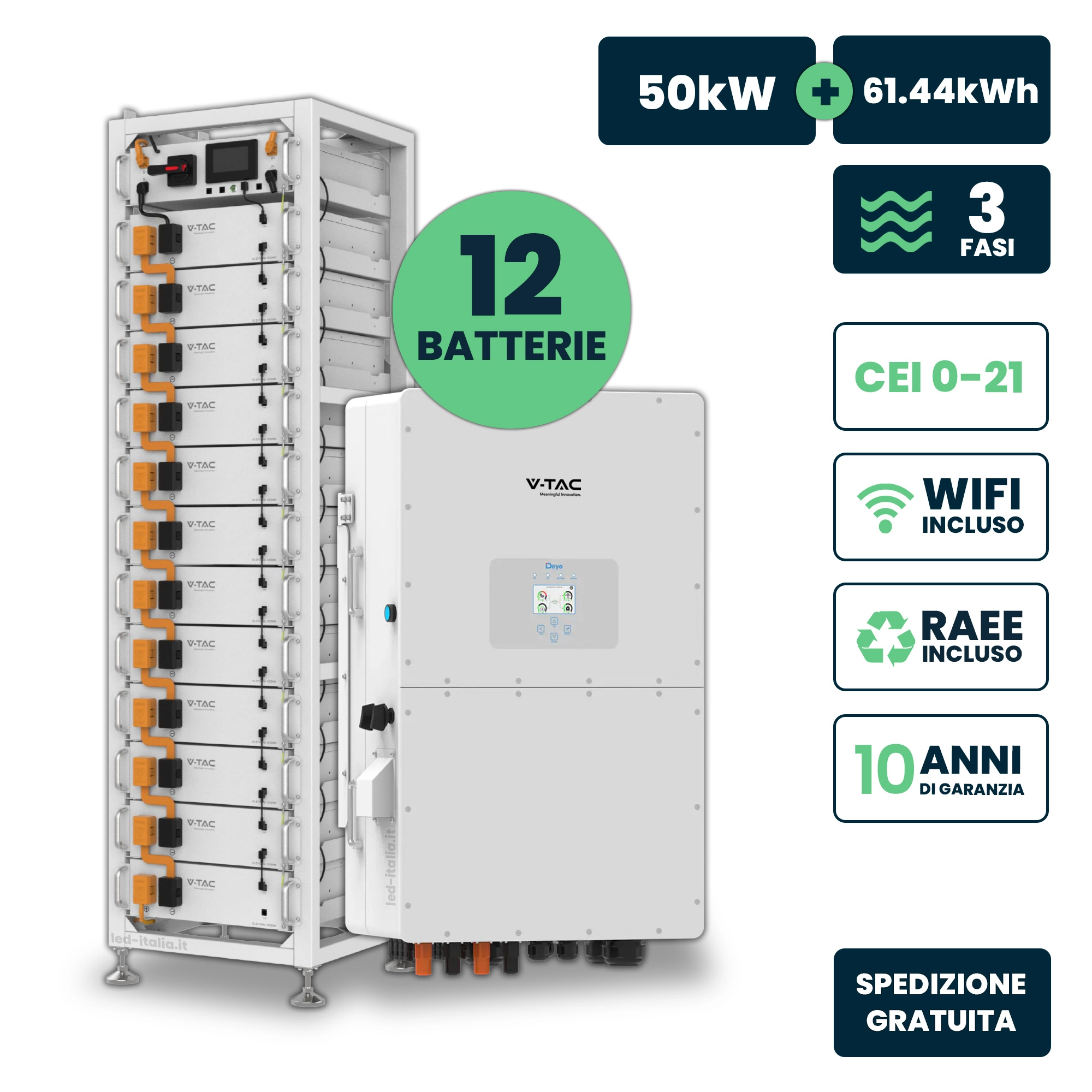 Kit Fotovoltaico Alta Tensione Con Inverter Trifase Ibrido Deye 50Kw Accumulo 61.44Kwh Lfp Hv Box Bms Armadio Rack Ip20 Wifi Ta Garanzia 10 Anni