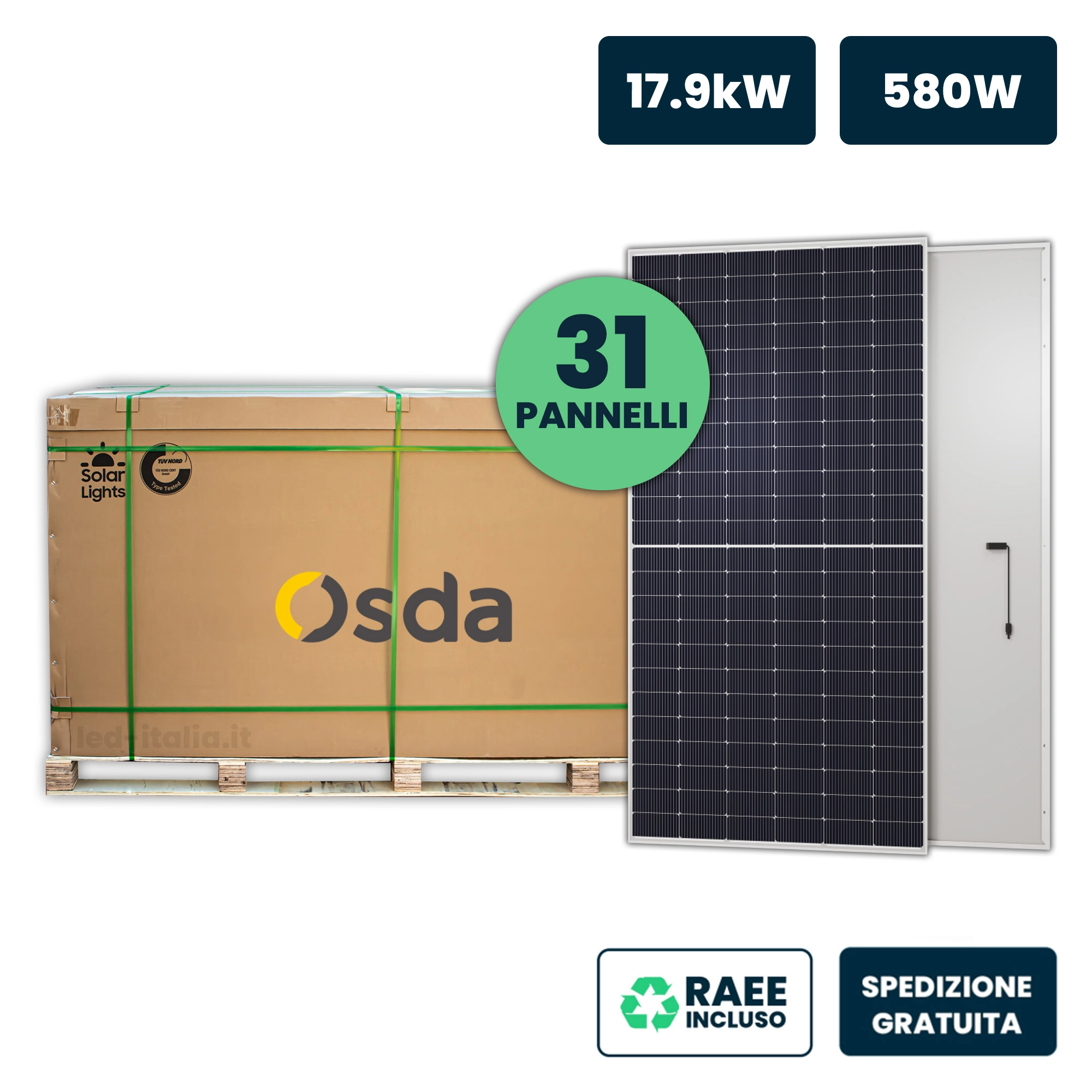 Bancale 18Kw Con 31 Pannelli Solari Fotovoltaici Moduli 580W Osda Solar Tier-1 Monocristallini N-Type Topcon Silver Frame Ip67/Ip68 2278X1134X35Mm