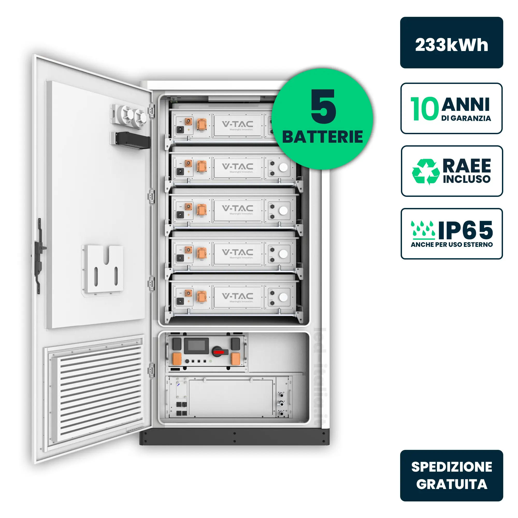 V-TAC Kit Armadio Rack di Accumulo Alta Tensione 233kWh LiFePO4 280Ah Raffreddamento a Liquido Garanzia 10 Anni IP65