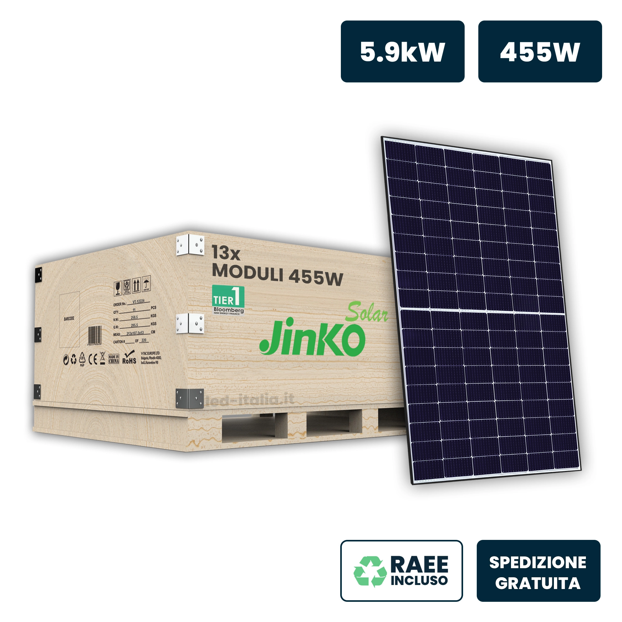 Set 5.9Kw Con 13 Pannelli Solari Fotovoltaici Moduli 455W Jinko Solar Tier-1 Tiger Neo Monocristallini N-Type Topcon Black Frame Ip67/Ip68 1762X1134X30Mm