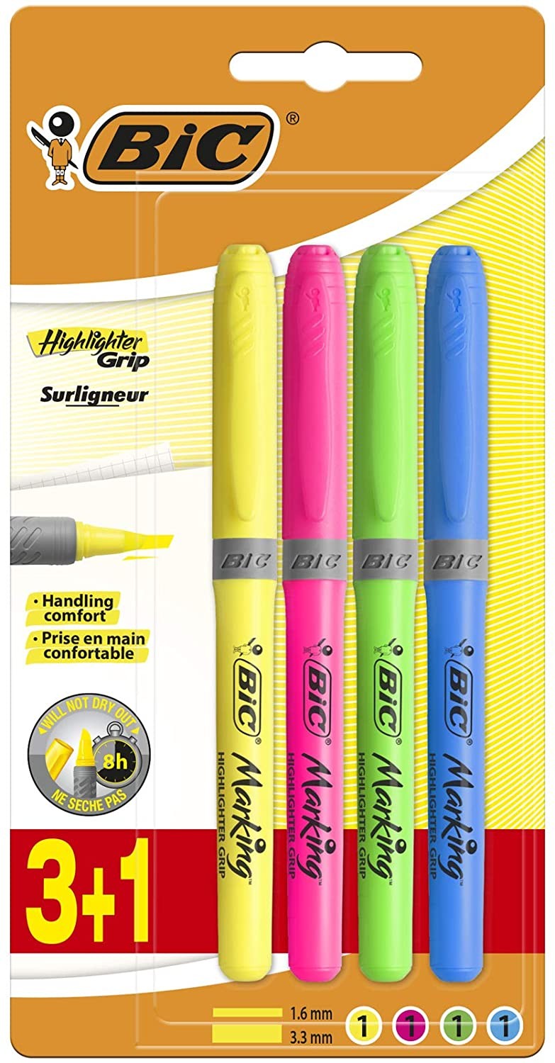 Bic Highlighter Grip Confezione da 4 Pennarelli Fluorescenti - Inchiostro a Base Acqua - Punta a Scalpello - Tratto tra 160 e 330 mm - Colori Assortiti