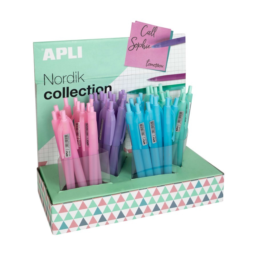Espositore Apli Nordik con 48 penne gel - Punta da 05 mm - Inchiostro blu - Finitura in silicone - Colori corpo assortiti