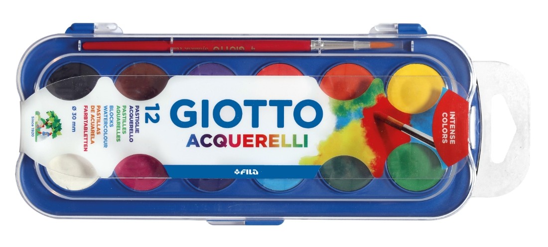 Giotto Confezione da 12 Acquerelli da 30mm + Pennello - Colori Brillanti Intensi e Vivaci - Alta Copertura - Colori Assortiti