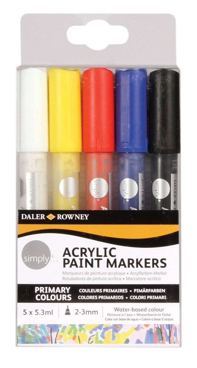 Daler Rowney Simply Confezione da 5 pennarelli acrilici - Asciugatura rapida - A base d acqua - Colori assortiti