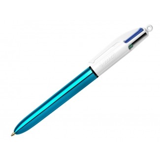 Penna a sfera a scatto Bic 4 Colours Shine - Punta da 1 mm - Corsa 04 mm - Inchiostro a base di olio - Fusto blu metallizzato/bianco - 4 colori