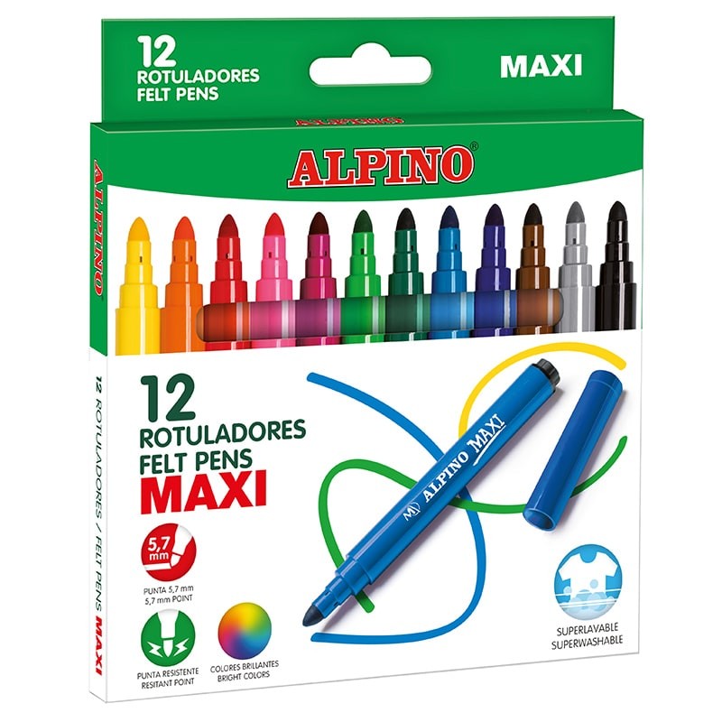 Alpino Confezione da 12 Pennarelli Maxi Spessi - Punta 6mm - Super Lavabili Resistenti Durevoli e Colori Brillanti - Ideali per Uso Scolastico - Colori Assortiti