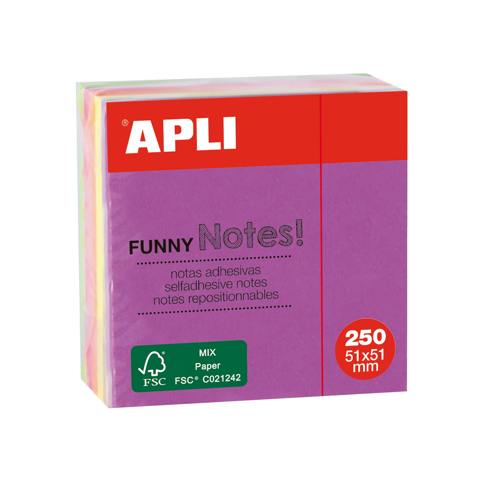 Apli Funny Sticky Notes 51x51mm Mini-Cube 250 fogli - 5 colori fluorescenti assortiti - Divertenti e pratici