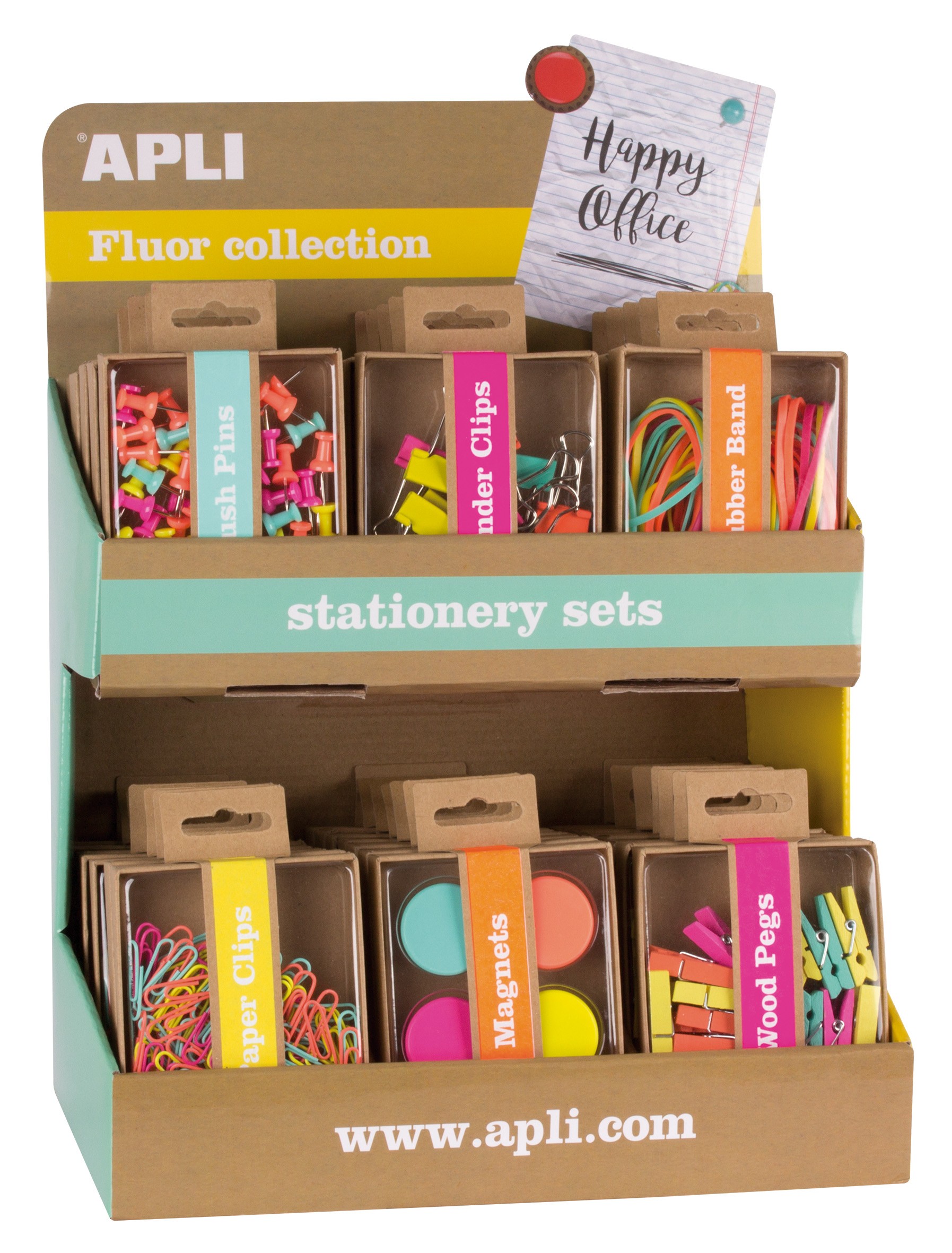 Espositore per prodotti base della collezione Apli Fluor - Colori fluorescenti assortiti - Design moderno - Include puntine elastici clip pieghevoli clip clip in legno e magneti