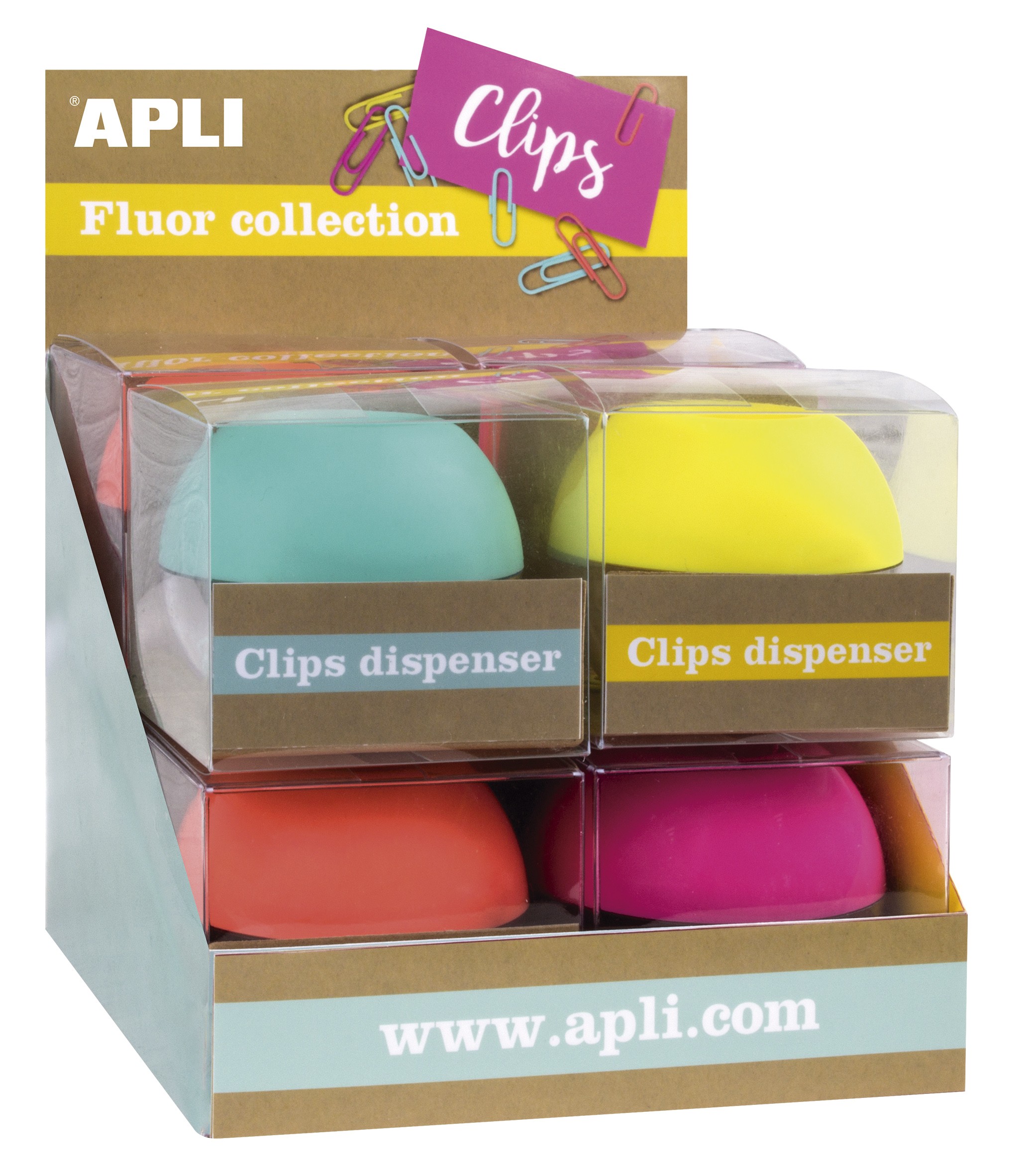 Espositore Clip Apli Fluor Collection - Ø 70x60 mm - 8 Dispenser in 4 Colori - Coperchio Magnetico Soft Touch - Include 50 Clip