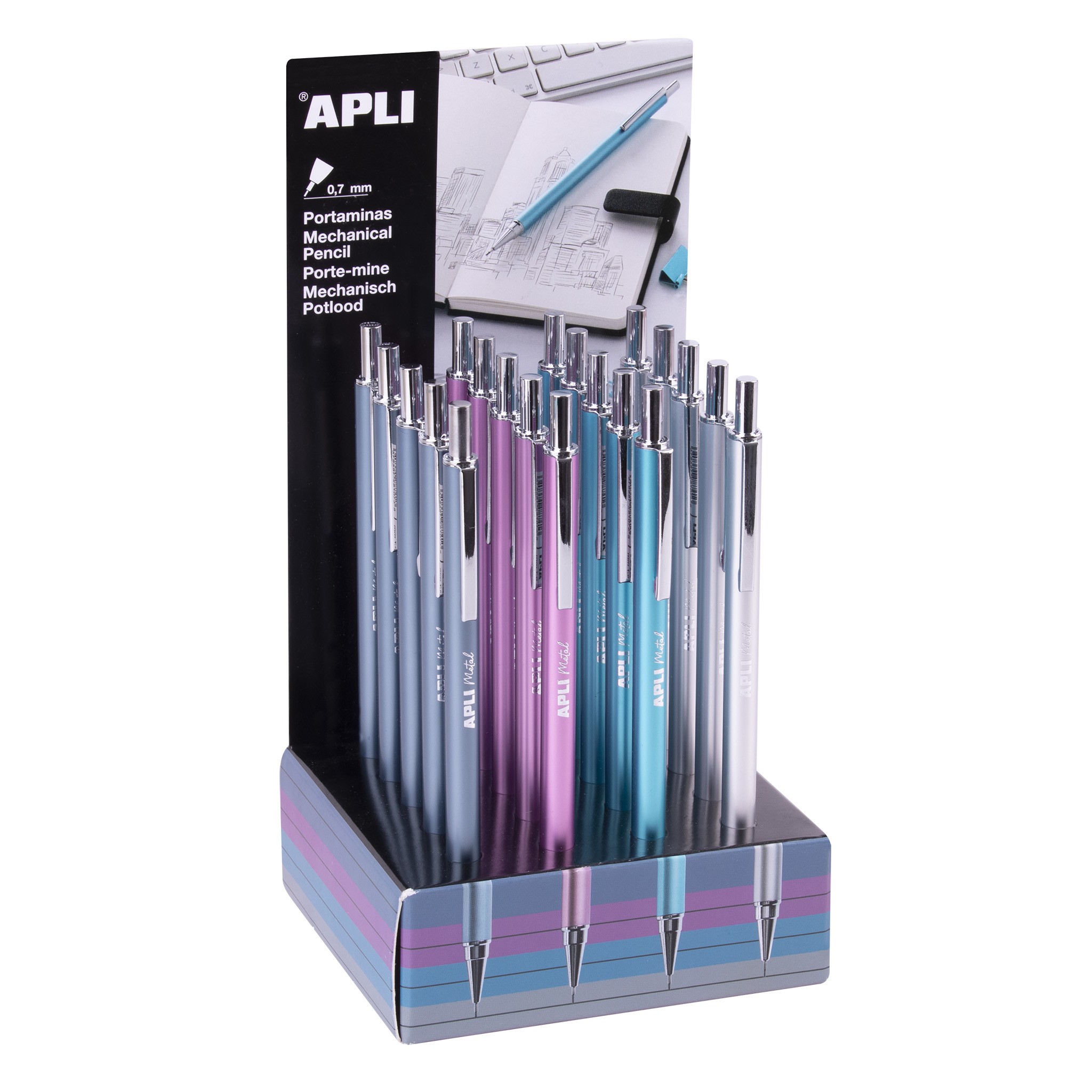 Matite portamine Apli colori metallizzati - 07 mm - Texture morbida - Cappuccio e gomma in metallo - 20 unità in display