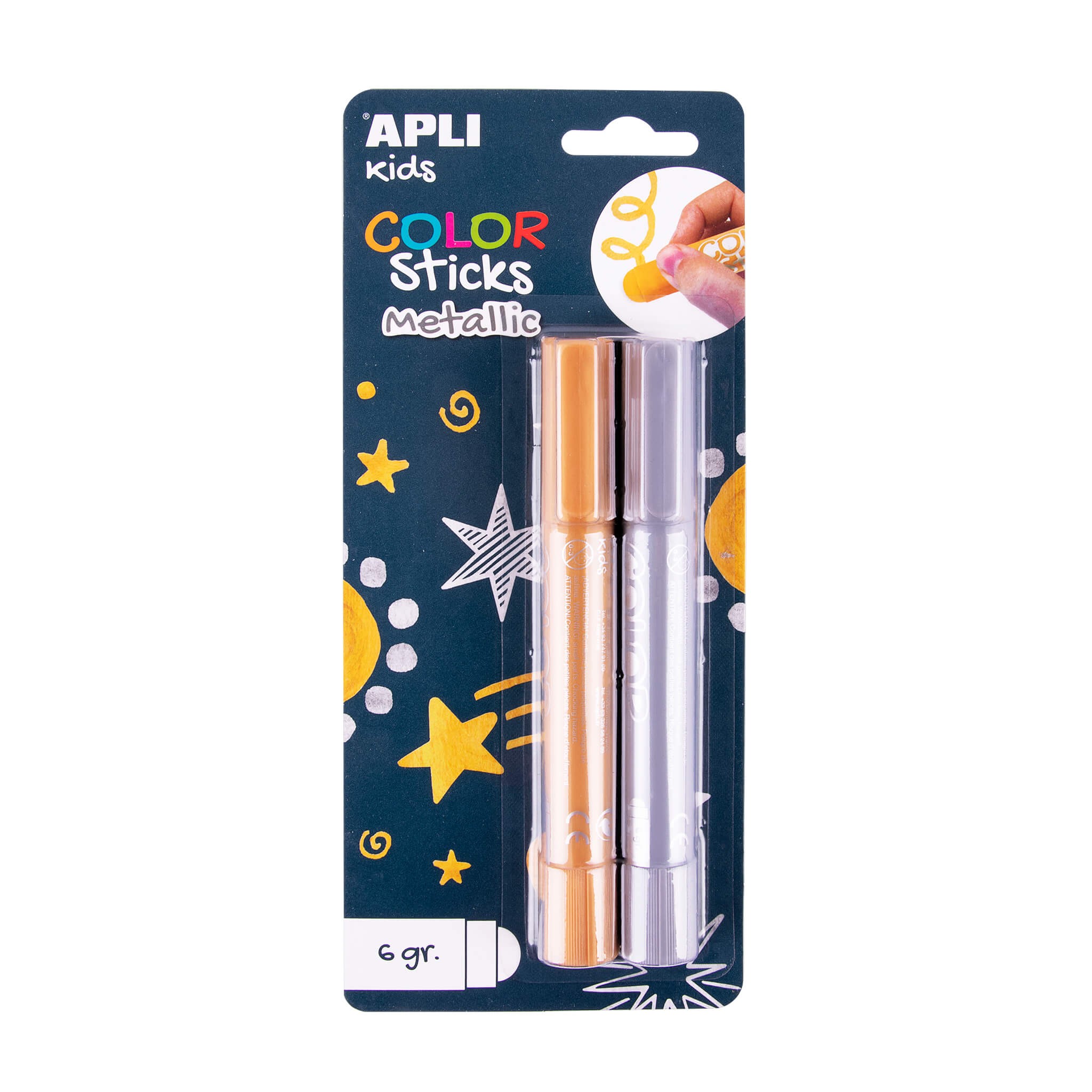 Apli Color Sticks Tempere Solide - Confezione da 2 Unità da 6g in Colori Metallici - Non macchiano Finitura Satinata Asciugatura Rapida - Effetto Cera o Tempera a seconda della Pressione - Flessibili e Senza Solventi