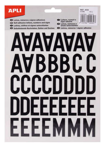 Lettere maiuscole adesive Stick Apli - Altezza 30 mm - Nero - Confezione da 4 fogli con 153 lettere