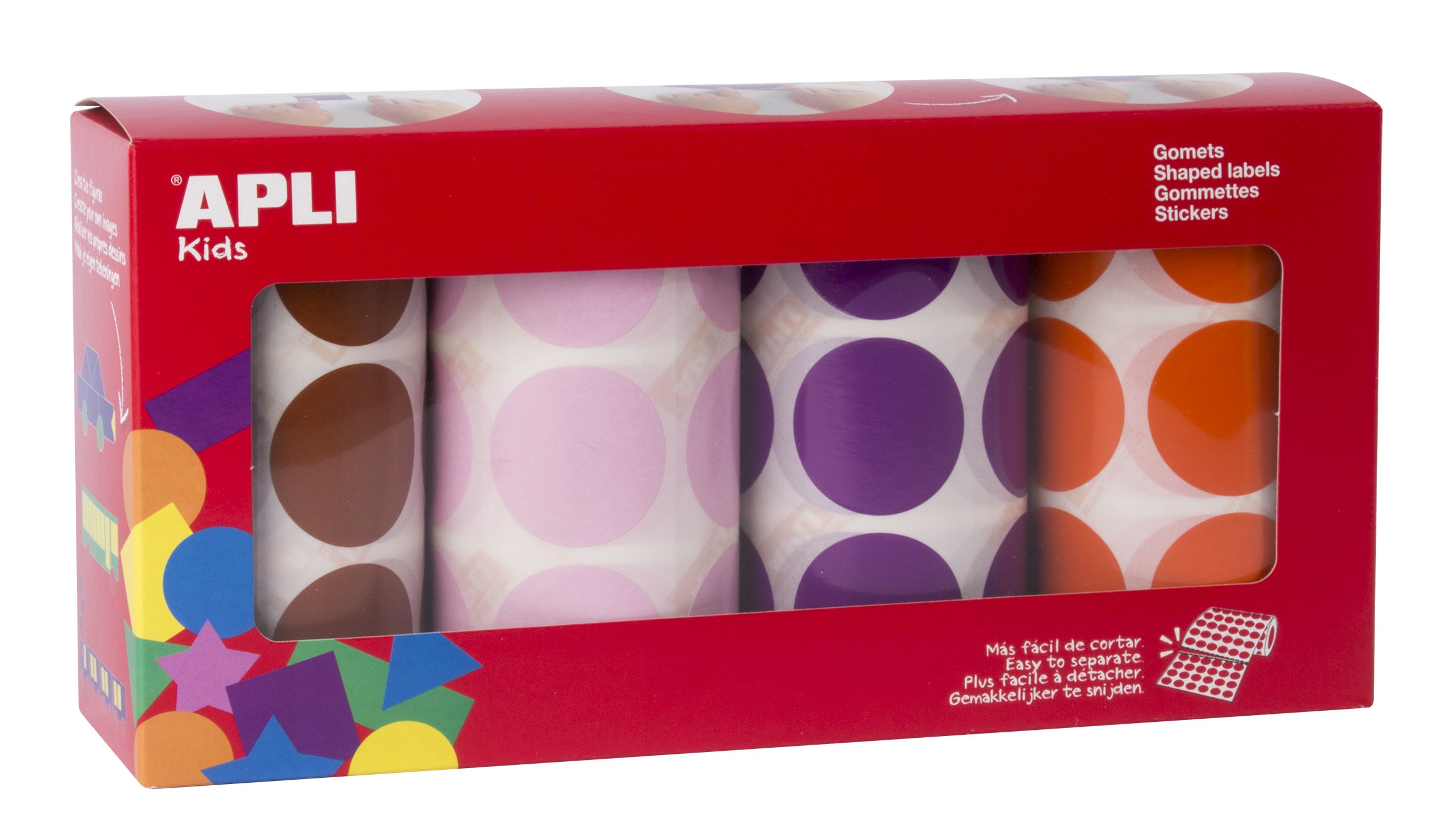 Apli Gomet Rotondi Ø 33mm - Colori Assortiti - Adesivo Permanente - 4 Rotoli per Confezione - 2832 Gomet - Ideale per Sviluppare le Capacità Psicomotorie Fini nella Scuola dell'Infanzia