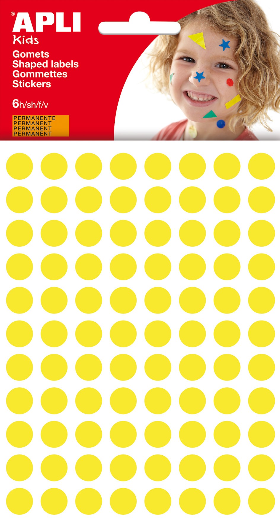 Apli Gomme Rotonde Ø 105mm - 6 Fogli da 528 Gomme - Adesivo Permanente - Sviluppo di Abilità e Creatività - Adesivo a Base Acqua - Senza Solventi - 100% Riciclabile - Colore Giallo