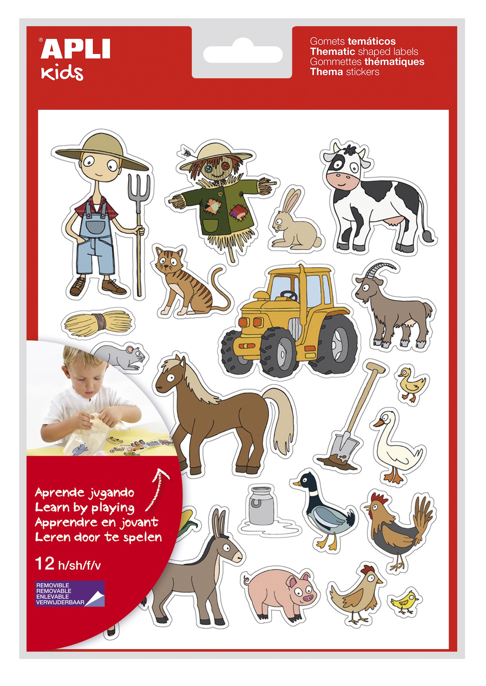 Borsa Apli di adesivi a tema fattoria - 276 adesivi in ??12 fogli - Adesivo rimovibile - Ideale per le scuole - Adesivo a base acqua - Senza solventi - Illustrazioni divertenti - Design colorato