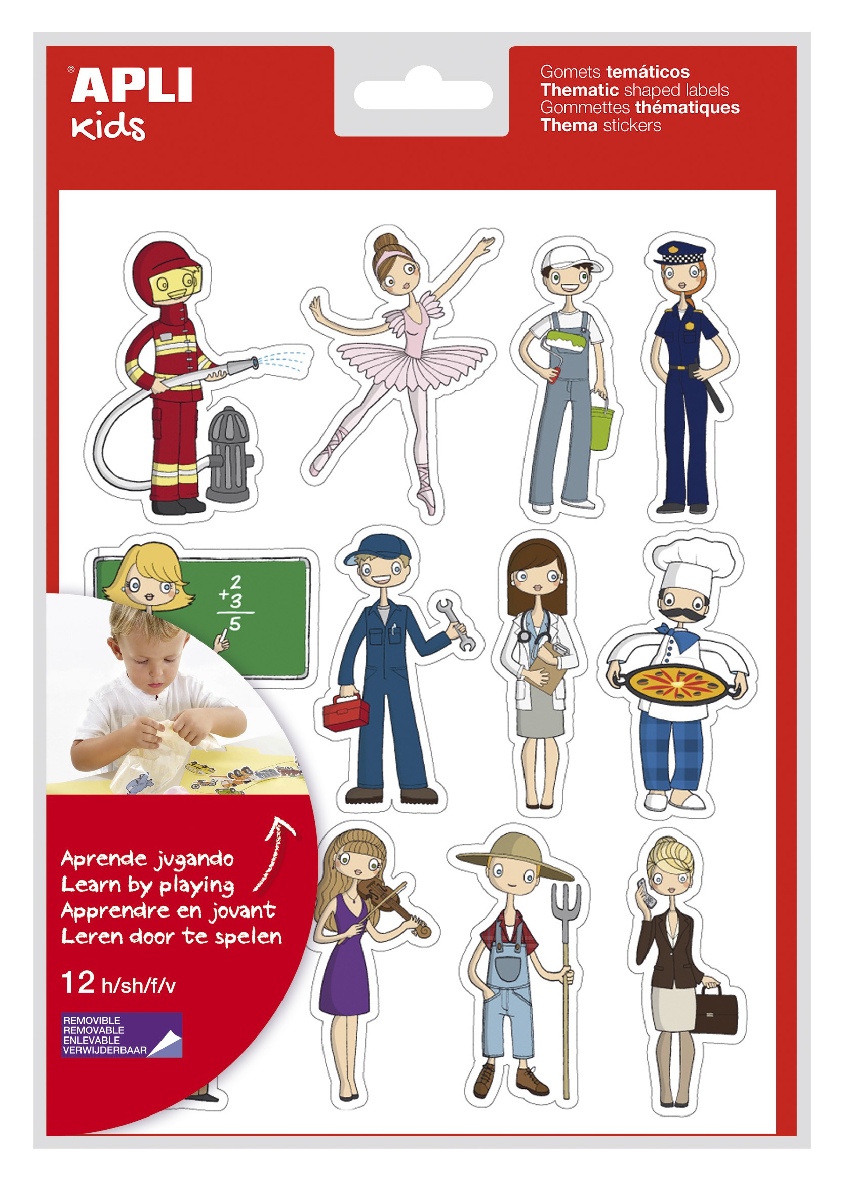 Apli Gomets Professioni a tema - 144 unità - Adesivo rimovibile - Sviluppato con gli educatori - Illustrazioni divertenti - Adesivo a base acqua - Senza solventi - Colorato