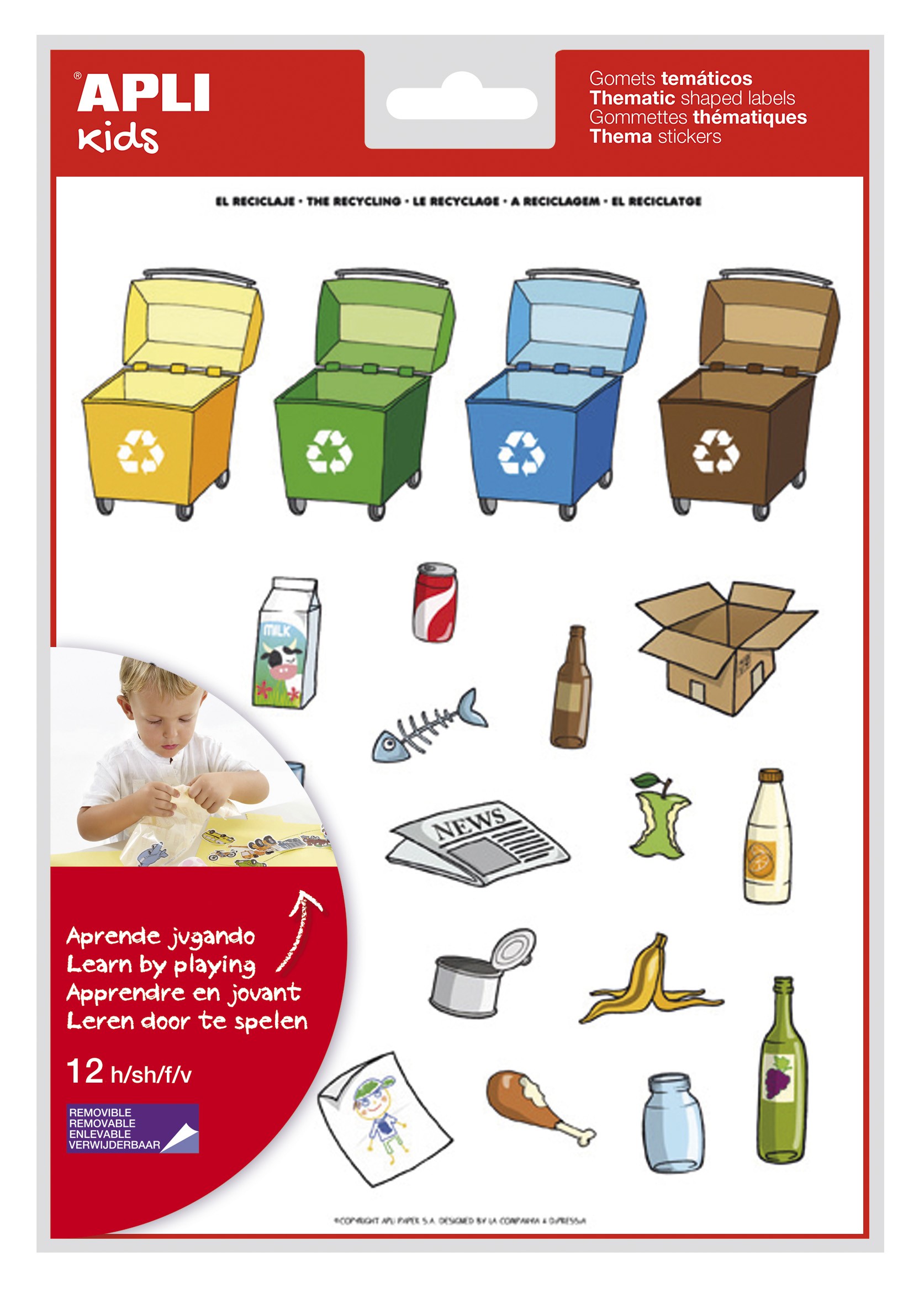 Apli Recycling Theme Stickers - 276 Stickers - Adesivo Removibile - Illustrazioni Divertenti - Ideale per le Scuole - Norme EN-71 e FSC - Adesivo a Base Acqua - ECF - 100% Riciclabile - Colorato