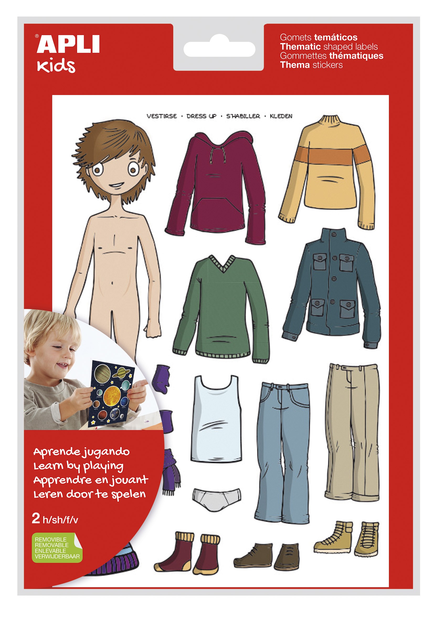 Apli Sacchetto di Adesivi Tematici per Vestire Bambini - 35 Adesivi - Adesivo Rimovibile - Sviluppato con Educatori - Standard EN-71 e FSC - Adesivo a Base Acqua - Senza Solventi - ECF - 100% Riciclabile - Colorato