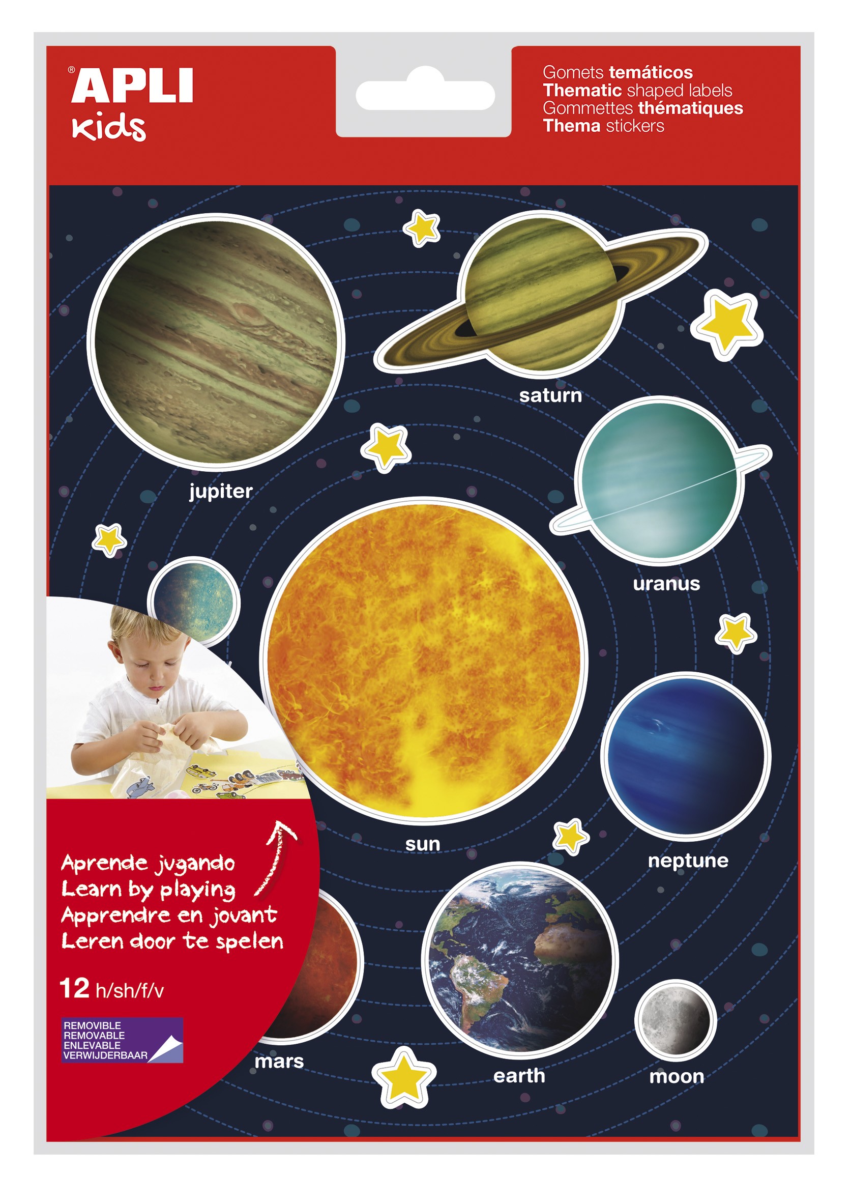 Apli Stickers Tema Sistema Solare - 240 Stickers su 12 Fogli - Adesivo Removibile - Ideale per Apprendimento Visivo e Motricità - Adesivo a Base Acqua - Senza Solventi - Colorato