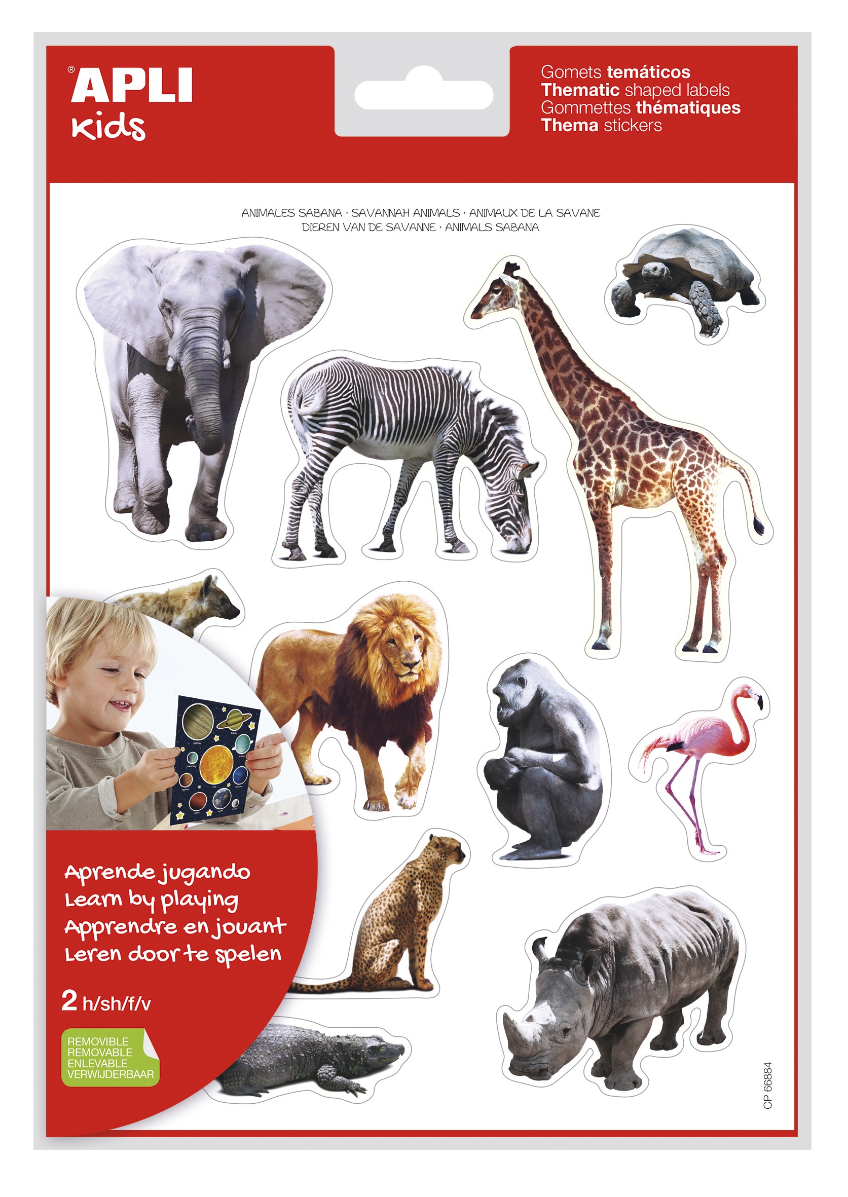 Apli Thematic Gomets Realistici Animali della Savana - 24 Gomets - Adesivo Removibile - Sviluppato con Educatori - Ideale per la Motricità - Adesivo a Base Acqua - Senza Solventi - Colorato