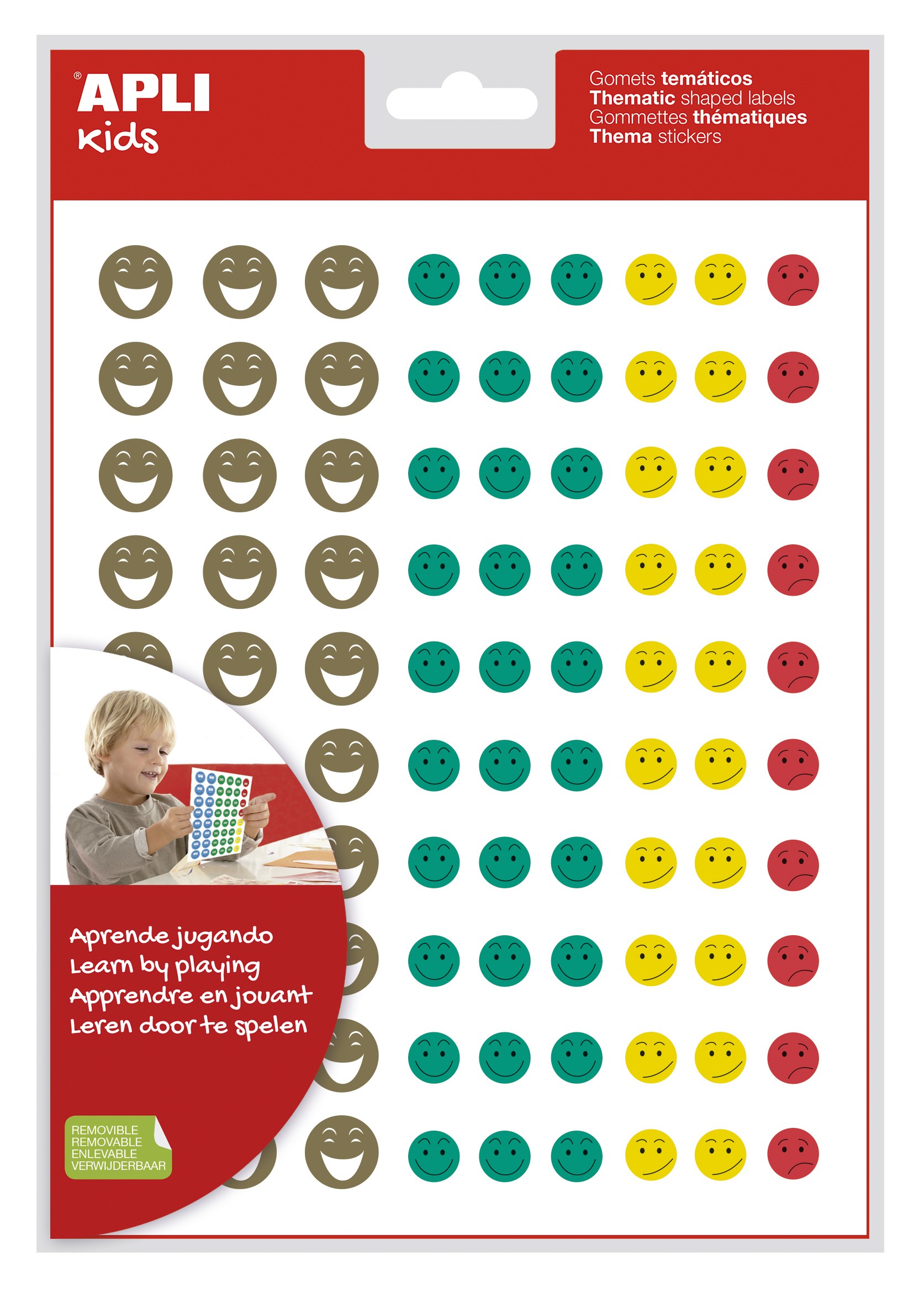 Apli Gomets Happy Face Mini - 4 diversi stili di facce - 1080 Gomets per confezione - Adesivo rimovibile - Motiva e premia i bambini - Standard di qualità e sicurezza rispettati - Colorato