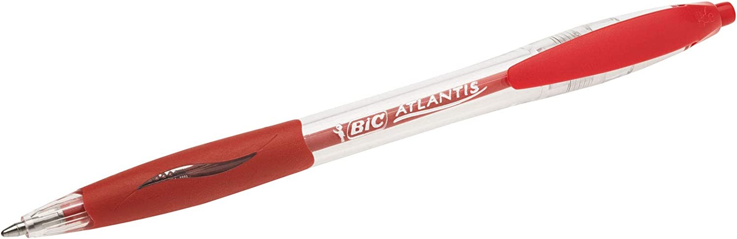 Penna a sfera retrattile Bic Atlantis Classic - Punta da 1 mm - Corpo trasparente con impugnatura - Colore rosso