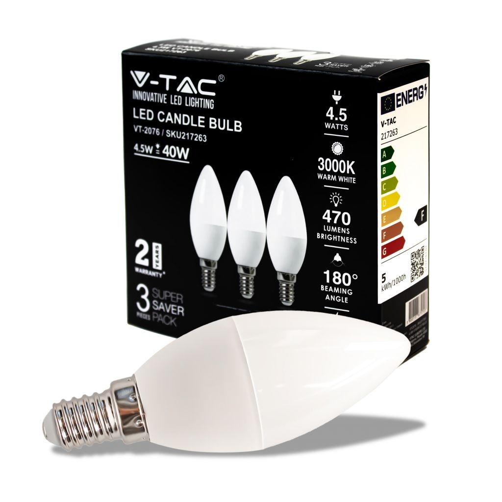 V-TAC Lampadina LED E14 45W Candela 3000K (Box 3 Pezzi)